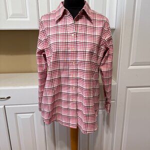 Lands' End Women Shirt M Pink Burgundy Plaid Long Sleeve Button Up Cotton Blend